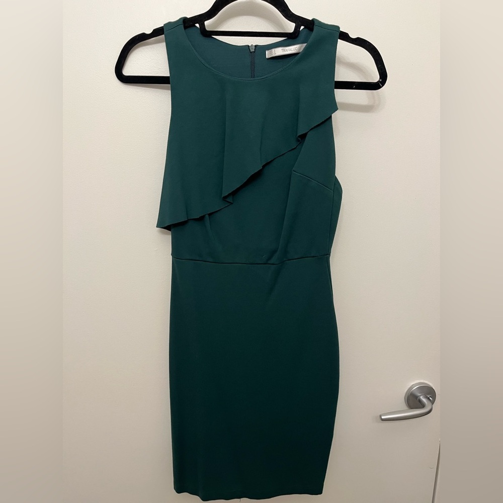 Zara Green Asymmetrical Ruffled Cocktail Dress